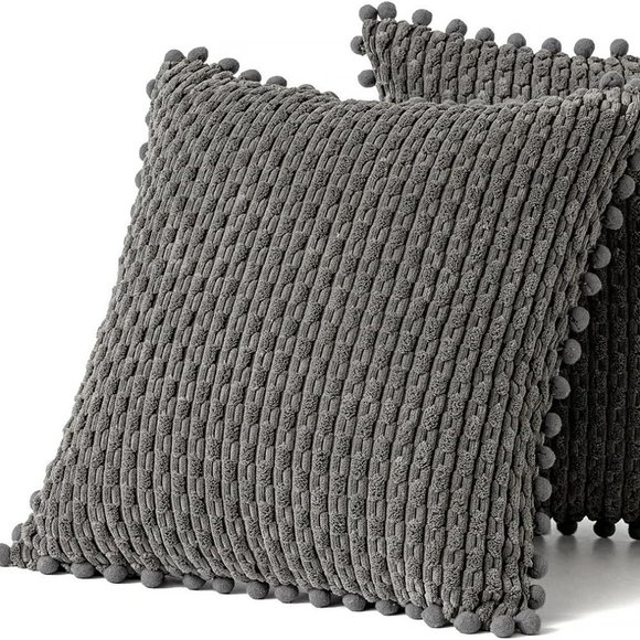 Pompom Dark Grey Texture Corduroy Farmhouse Cute Luxury Soft Pillow Cover Set - Picture 6 of 7